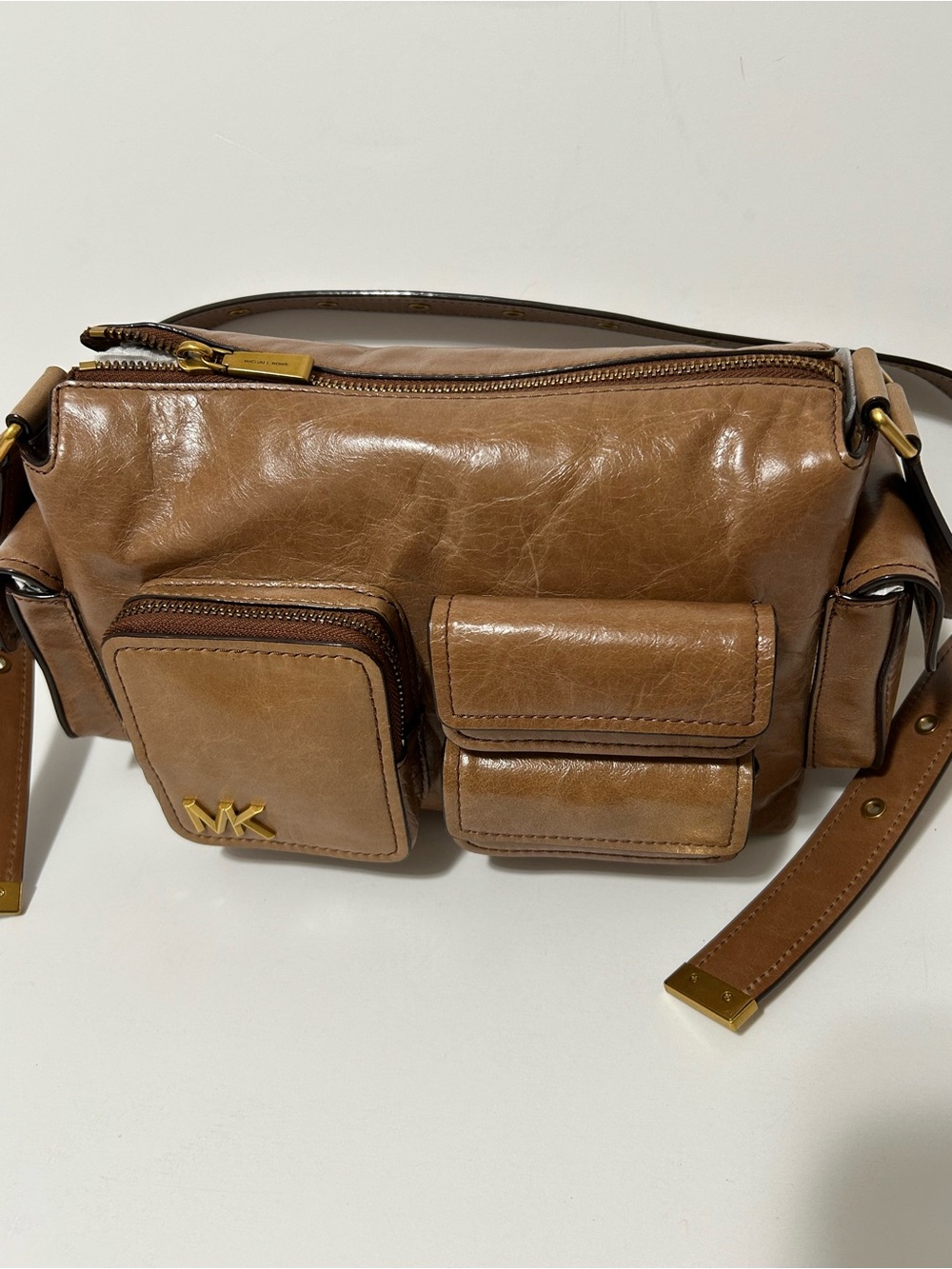 Michael Kors Tan Leather Multi-Pocket Messenger Bag with Gold Hardware